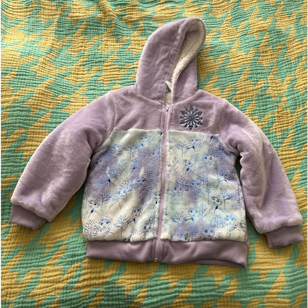 Disney Frozen purple fleece jacket. Lt blue with shiny blue thread pictures.